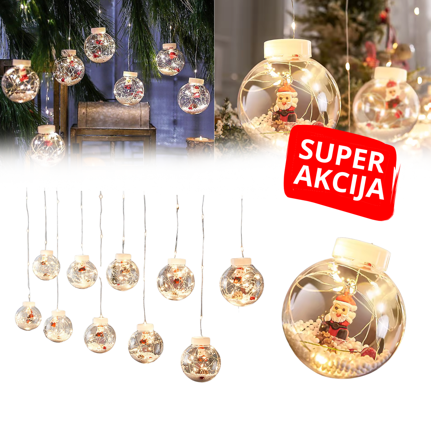 MagicLights Santa - Novogodišnja LED zavesa sa svetlećim kuglama (Set sa 10 kugli)