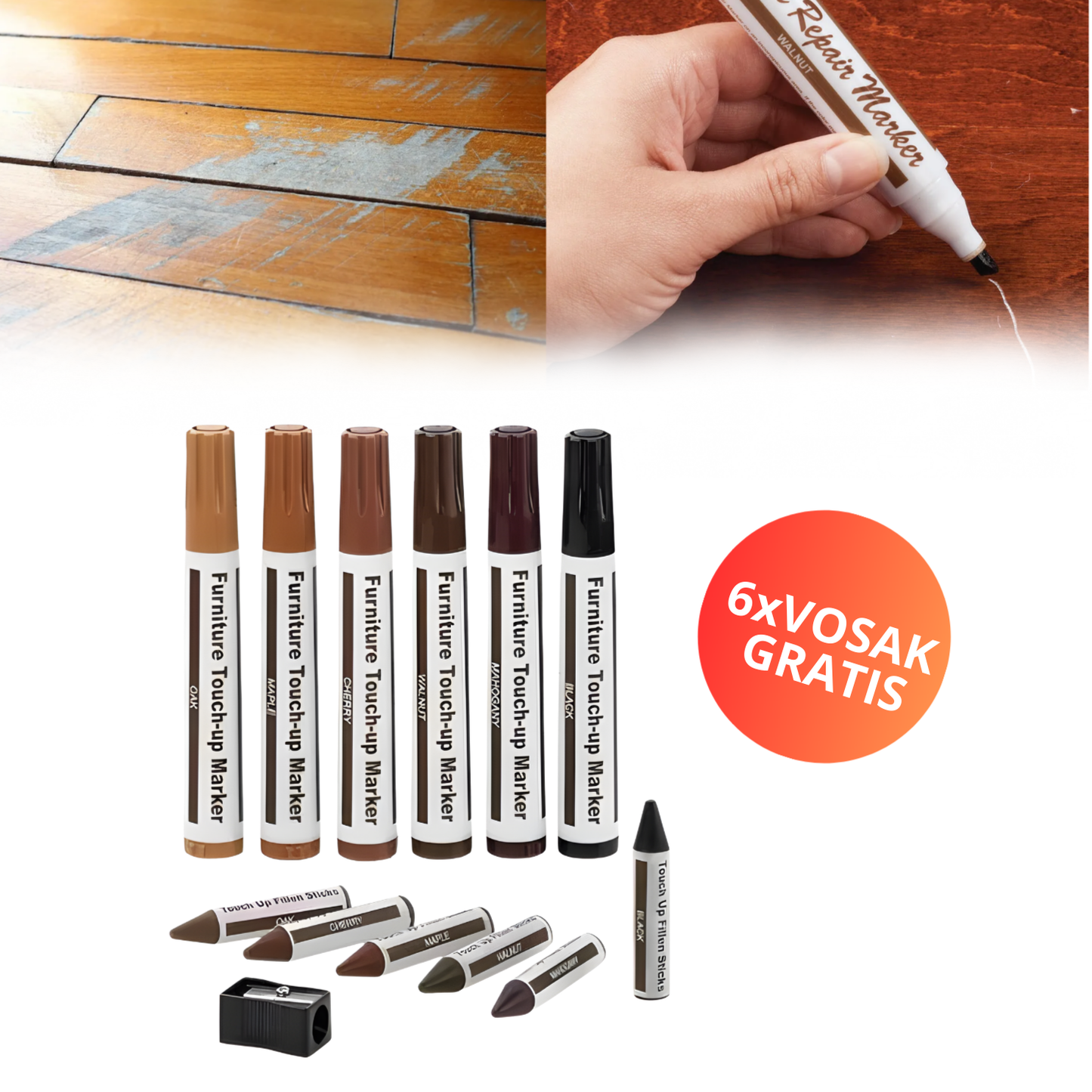 WoodFix - Set markera i voska za reparaciju drveta