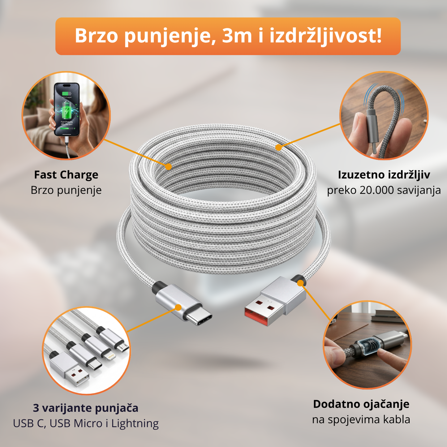 ChargeUp - Ekstra dugački kabl za punjenje 3m - 1+1 Gratis