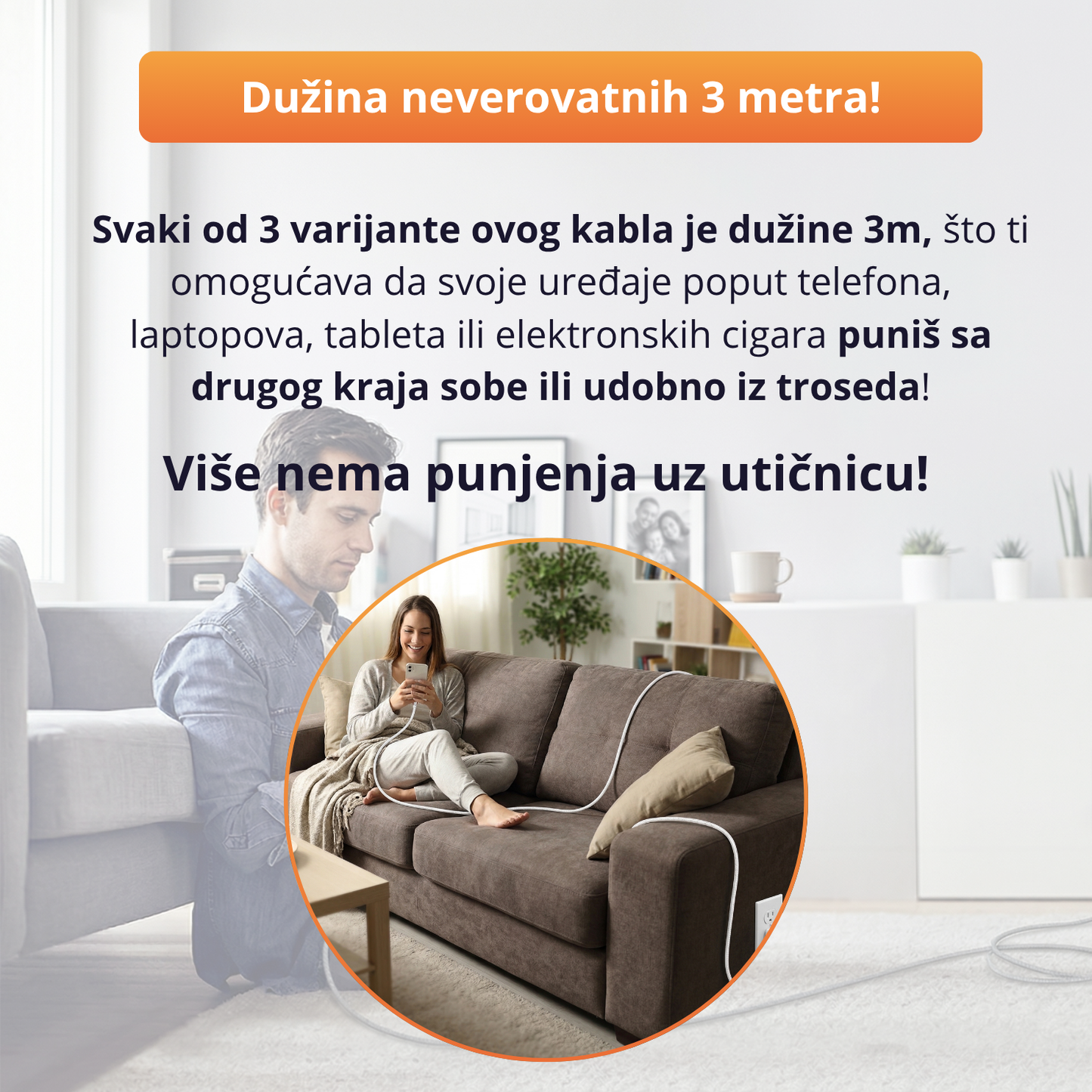 ChargeUp - Ekstra dugački kabl za punjenje 3m - 1+1 Gratis