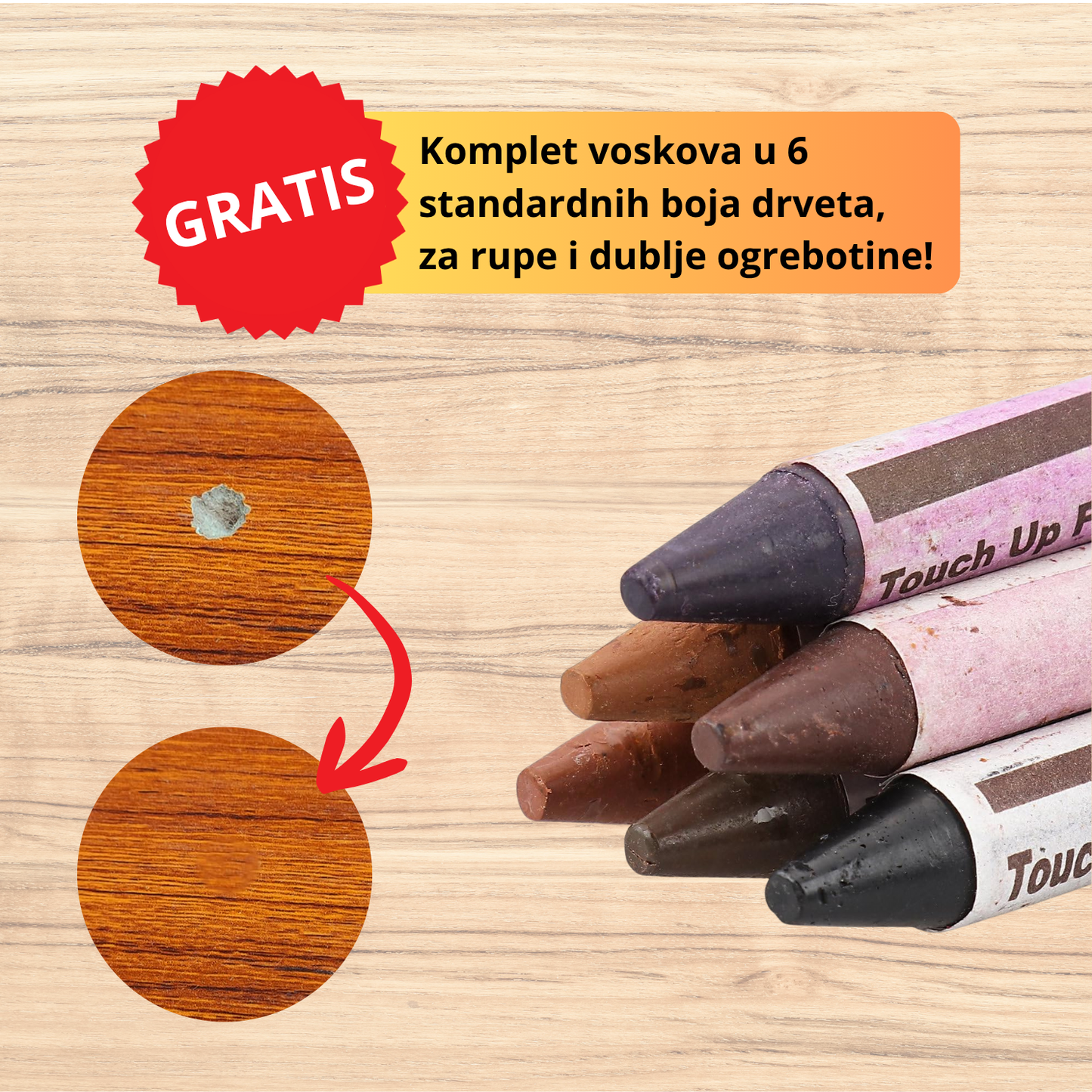 WoodFix - Set markera i voska za reparaciju drveta